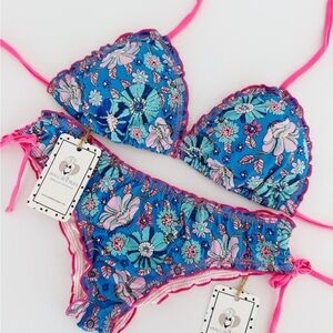 Tropical Floral Beaded Embroidered Colombian Bikini Set in Blue and Pink